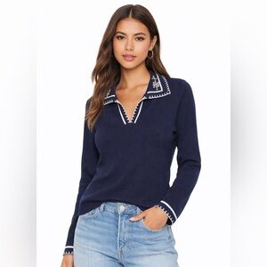 S54. Navy lightweight sweater with beaded collar